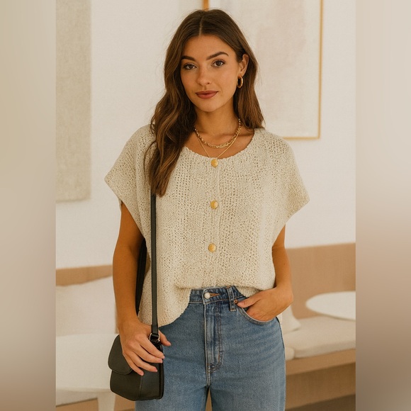 Cream Chunky Knit Oversized Monogramed Button-Up Sweater Textured Cardigan Vest - Picture 1 of 11